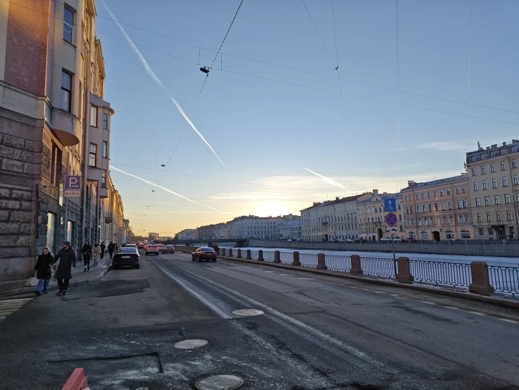 Fontanka canal embankment at sunset in Saint Petersburg, Russia