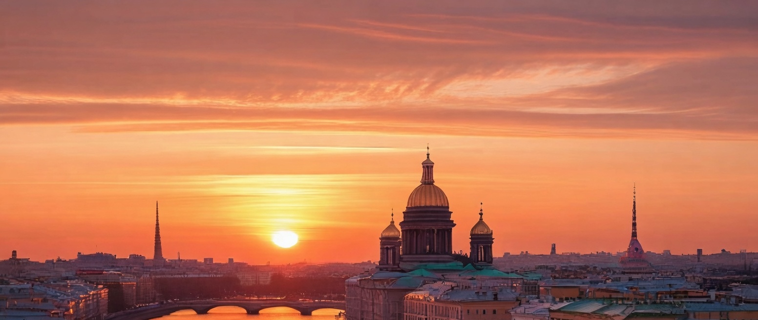 Saint Petersburg at golden hour — Neva River, Palace Embankment and St. Isaac's Cathedral, where Russia's Shared Values TRP applications are processed in 2026